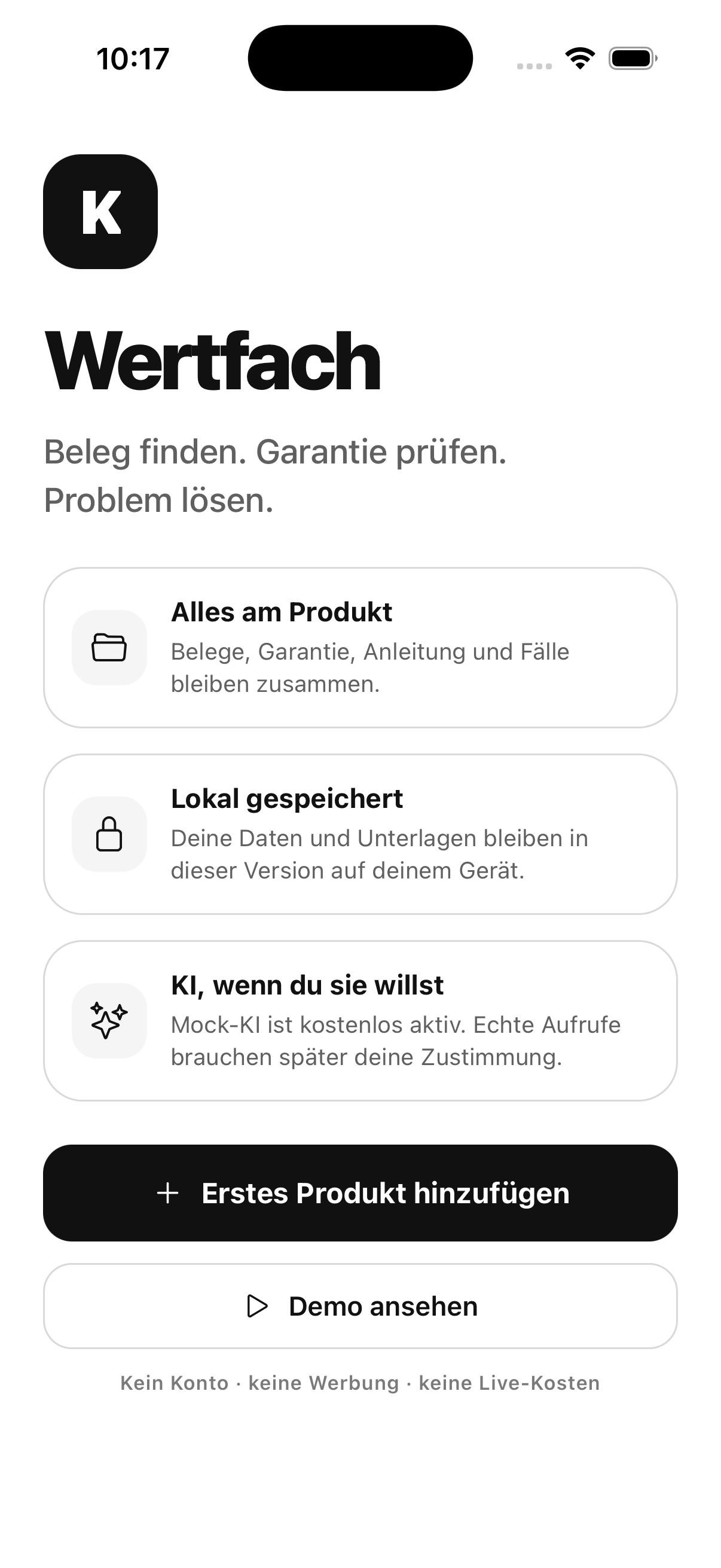 Ansicht der App Wertfach